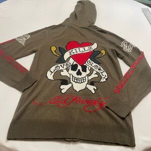 NWT Ed Hardy Dark Olive Green Love Kills Slowly Sweater Zip Up Jacket Sz Medium